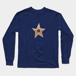 Prim Style Navy Blue Ticking Burlap Star Long Sleeve T-Shirt